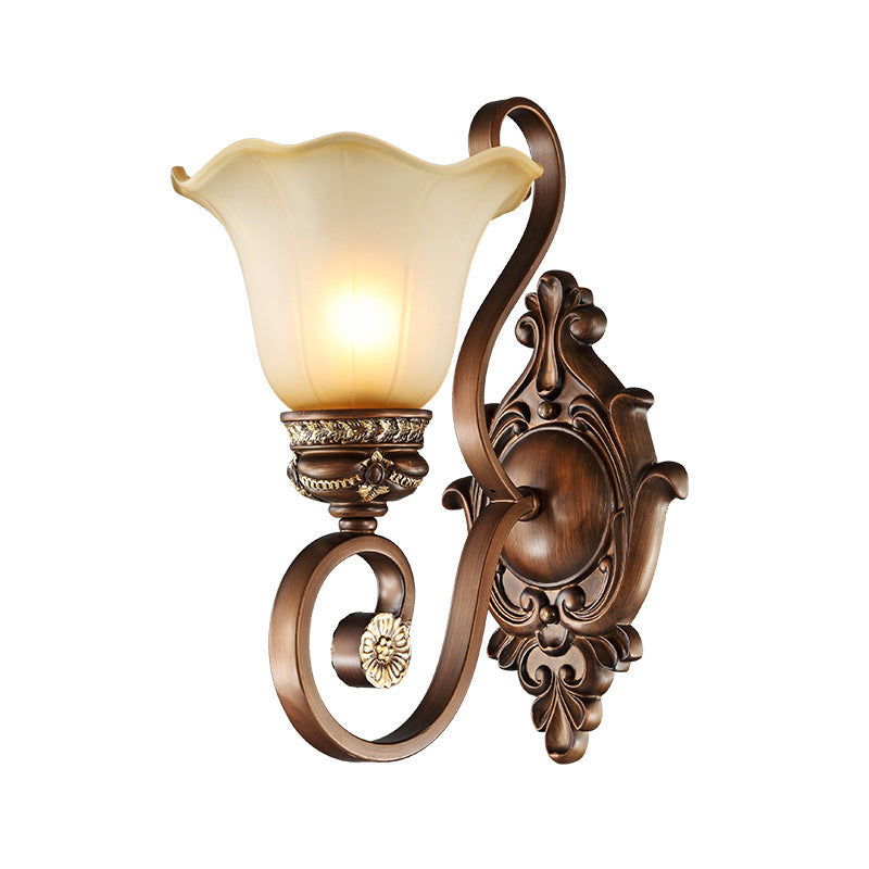 Retro Floral Wall Sconce Light with Metal Curved Arm - 1 Light, Frosted Glass, Brown - Ideal for Porch