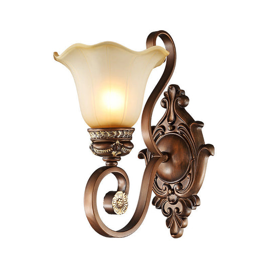 Retro Floral Wall Sconce Light with Metal Curved Arm - 1 Light, Frosted Glass, Brown - Ideal for Porch