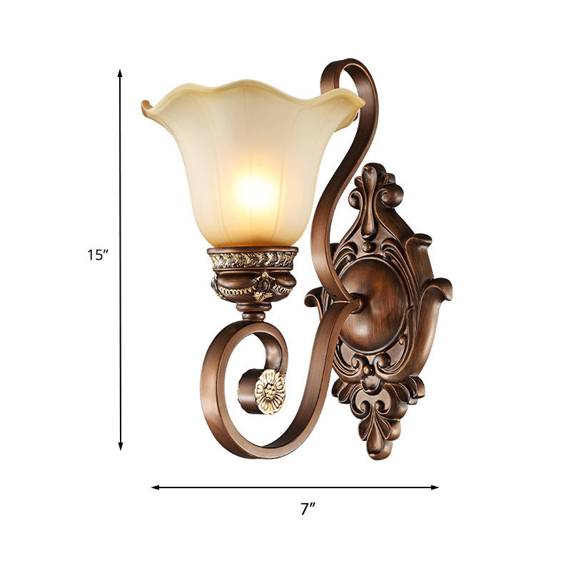 Retro Floral Wall Sconce Light with Metal Curved Arm - 1 Light, Frosted Glass, Brown - Ideal for Porch