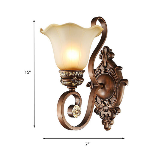 Retro Floral Wall Sconce Light with Metal Curved Arm - 1 Light, Frosted Glass, Brown - Ideal for Porch