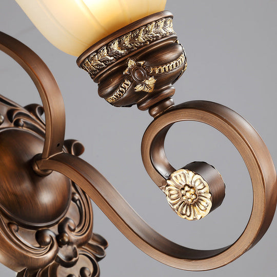 Retro Floral Wall Sconce Light with Metal Curved Arm - 1 Light, Frosted Glass, Brown - Ideal for Porch