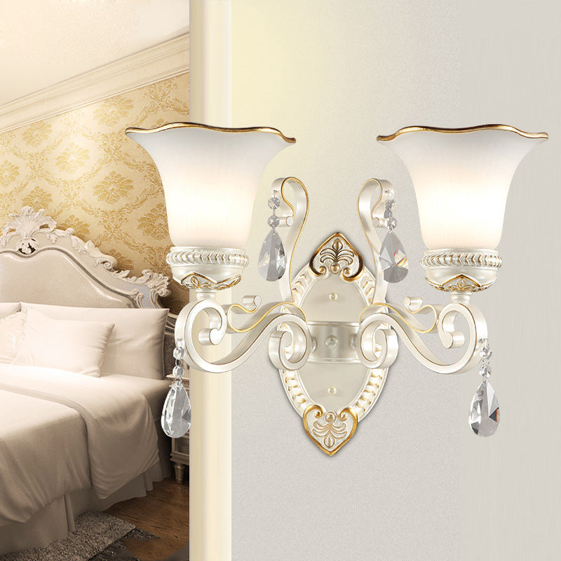 Frosted Glass Wall Sconce with Floral Shade and Crystal Accent for Living Room