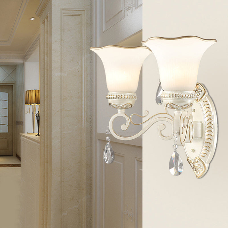 Frosted Glass Wall Sconce with Floral Shade and Crystal Accent for Living Room