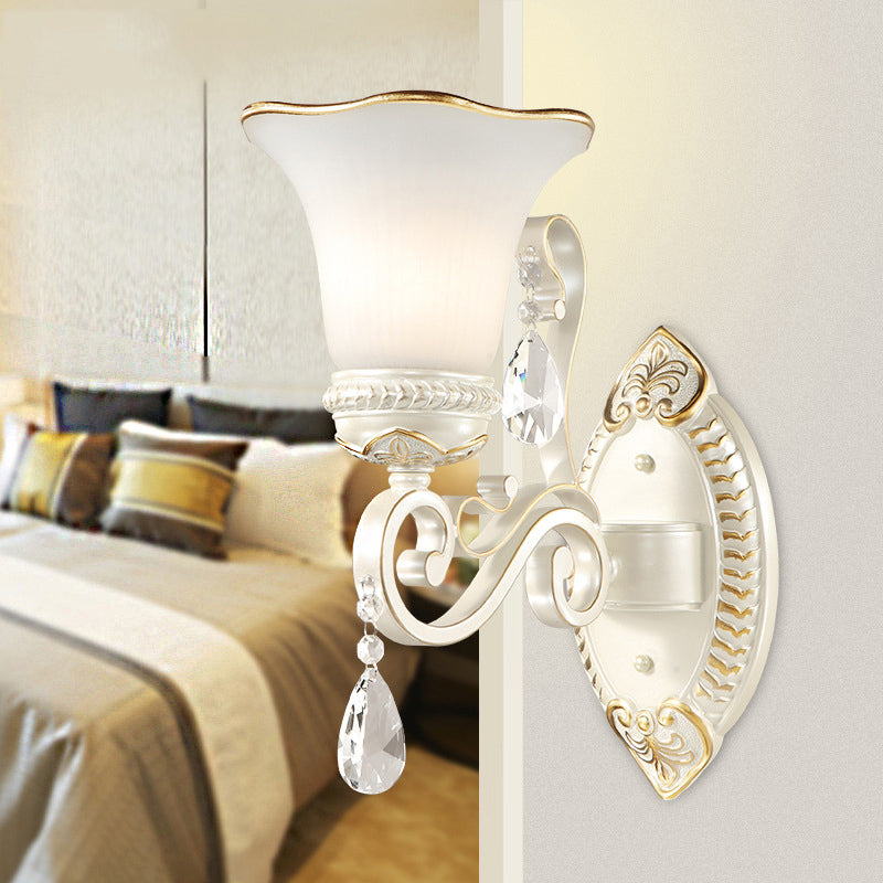 Frosted Glass Wall Sconce with Floral Shade and Crystal Accent for Living Room