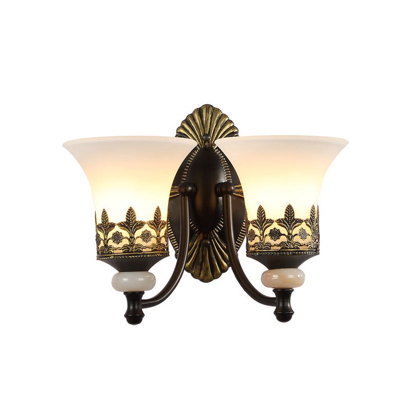 Traditional Black Bell Wall Sconce with White Glass Shade - Bedroom Wall Mounted Light