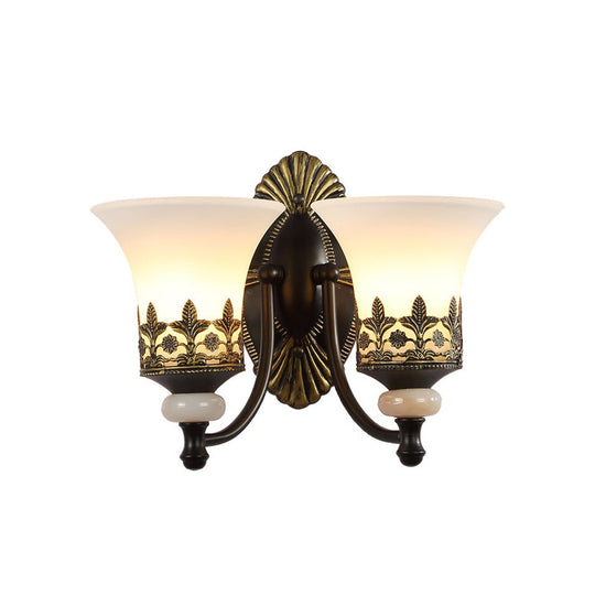 Traditional Black Bell Wall Sconce with White Glass Shade - Bedroom Wall Mounted Light