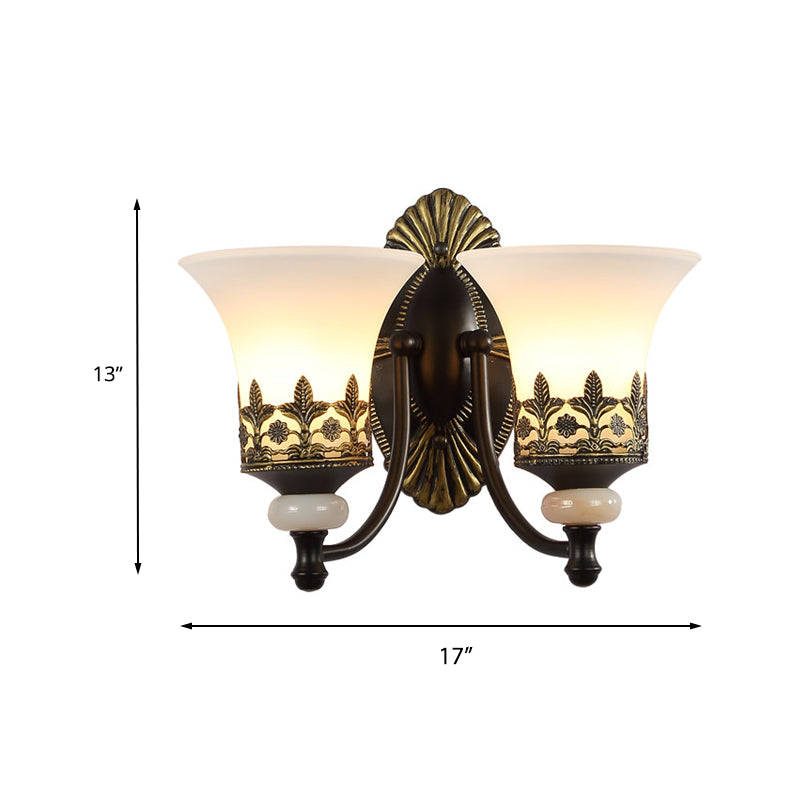 Traditional Black Bell Wall Sconce with White Glass Shade - Bedroom Wall Mounted Light