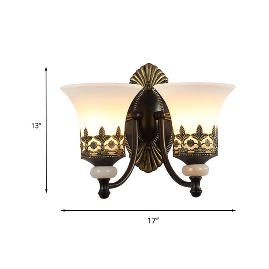 Traditional Black Bell Wall Sconce with White Glass Shade - Bedroom Wall Mounted Light