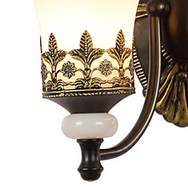Traditional Black Bell Wall Sconce with White Glass Shade - Bedroom Wall Mounted Light