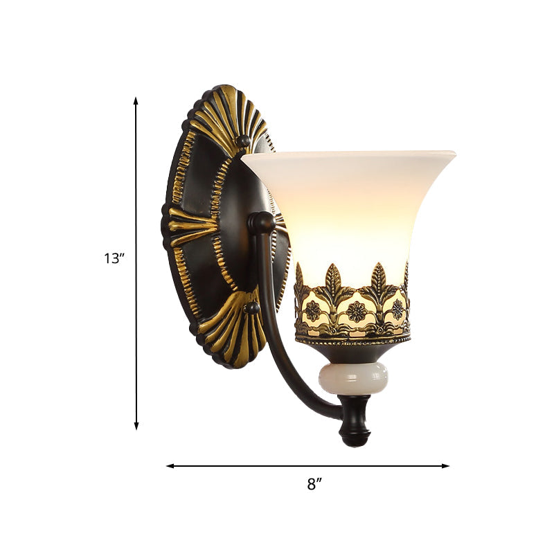 Traditional Black Bell Wall Sconce with White Glass Shade - Bedroom Wall Mounted Light
