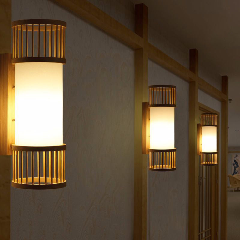 Modern Bamboo Wood Wall Light Fixture for Corridor - Cylindrical Wall Mount Single Light