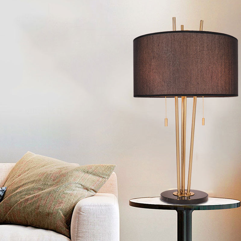 1-Light Traditional Drum Shape Reading Lamp in Black/White/Gold for Bedroom with Pull Chain - Desk Light