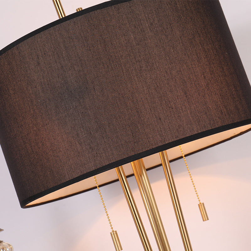 1-Light Traditional Drum Shape Reading Lamp in Black/White/Gold for Bedroom with Pull Chain - Desk Light