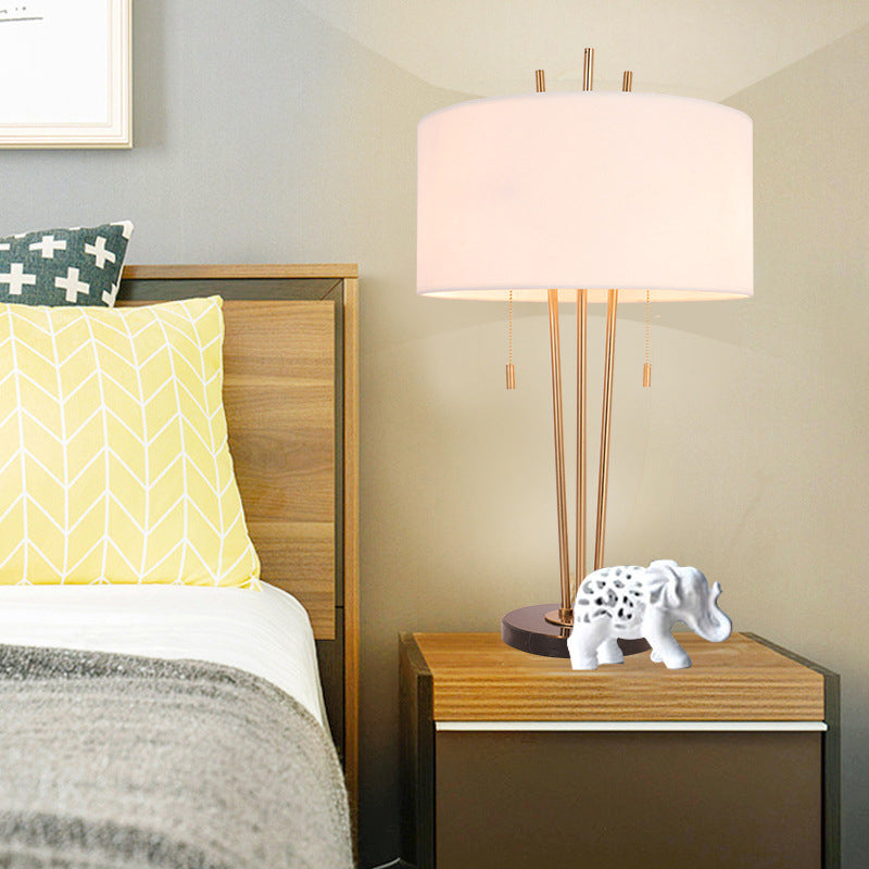 1-Light Traditional Drum Shape Reading Lamp in Black/White/Gold for Bedroom with Pull Chain - Desk Light