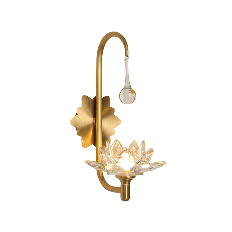 Lotus Wall Lamp with Clear Crystal, Modernist Design - 1 Head Bedside Sconce in Brass