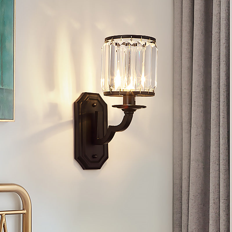 Modern Black/Gold Cylinder Wall Light Sconce with Clear Crystal Accent for Bedroom