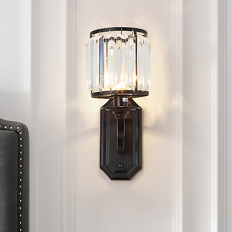 Modern Black/Gold Cylinder Wall Light Sconce with Clear Crystal Accent for Bedroom