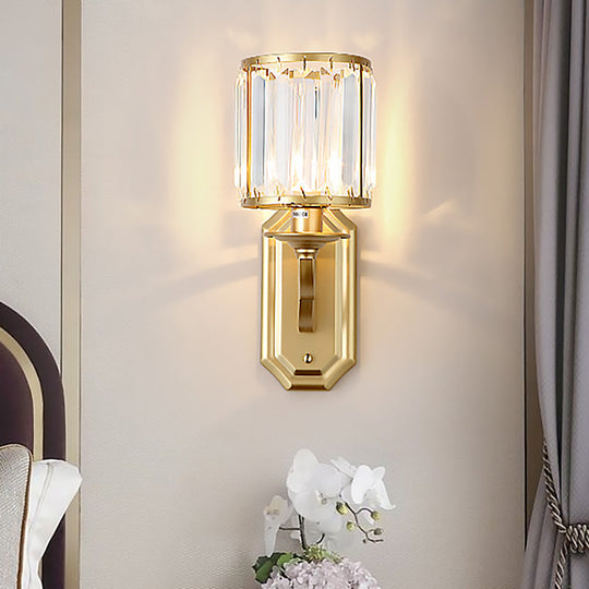 Modern Black/Gold Cylinder Wall Light Sconce with Clear Crystal Accent for Bedroom