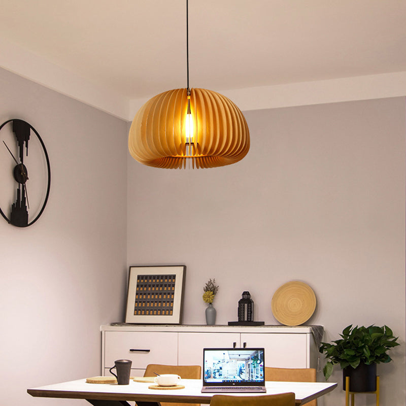 1�� Asian Style Wooden Dome Ceiling Light Fixture for Restaurants with Hanging Bulb