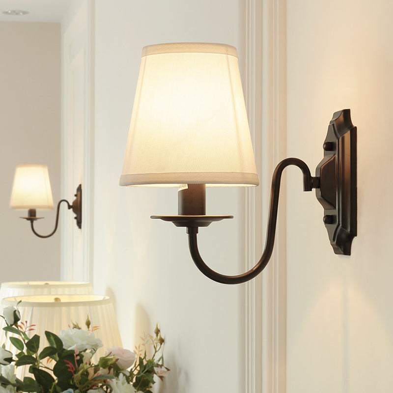 Simple Black Fabric Tapered Wall Lamp with Curved Arm – Ideal for Single Corridor Wall Lighting