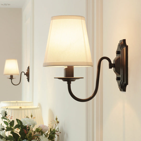 Simple Black Fabric Tapered Wall Lamp with Curved Arm – Ideal for Single Corridor Wall Lighting