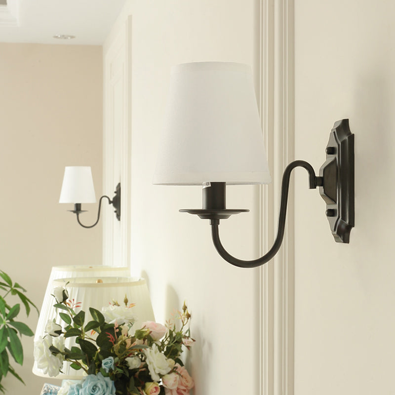 Simple Black Fabric Tapered Wall Lamp with Curved Arm – Ideal for Single Corridor Wall Lighting