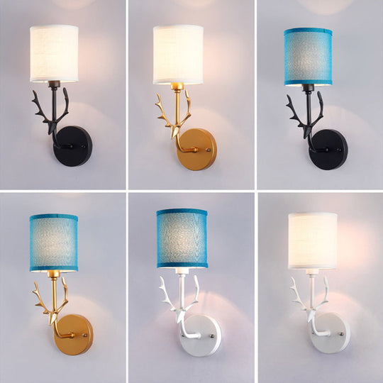 Minimalist 1-Light Fabric Cylinder Wall Mount Light with Deer Accent for Living Room Wall Lighting