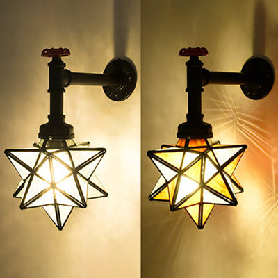 1-Head Stained Glass Tiffany Wall Mount Light in Brown/Clear - Rustic Star Wall Lighting for Restaurants