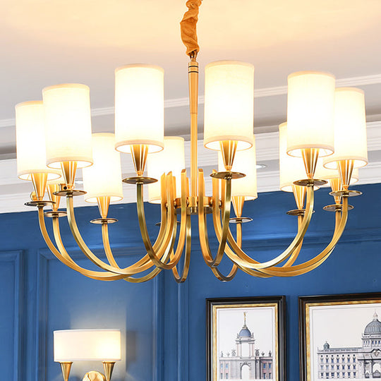 Sleek Cylinder Fabric Chandelier in Brass - Minimalist Living Room Pendant Fixture