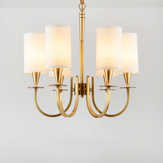 Sleek Cylinder Fabric Chandelier in Brass - Minimalist Living Room Pendant Fixture