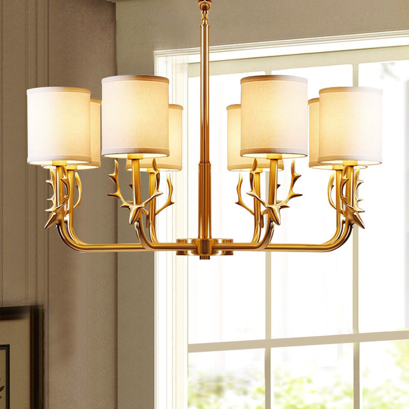 Vintage Deer Accent Cylindrical Fabric Chandelier Pendant Light for Living Room