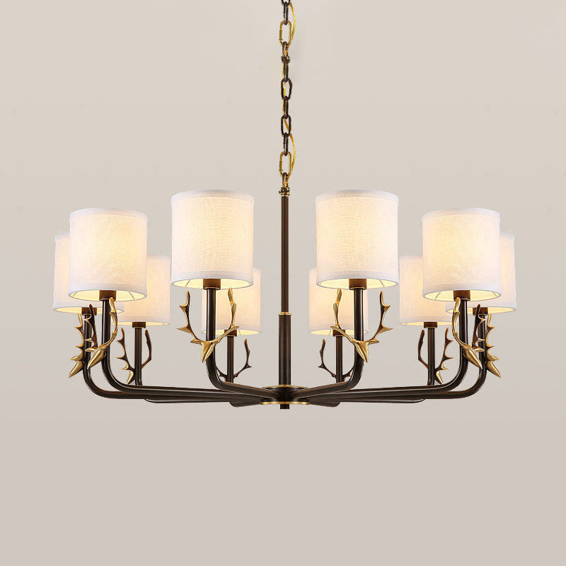 Vintage Deer Accent Cylindrical Fabric Chandelier Pendant Light for Living Room