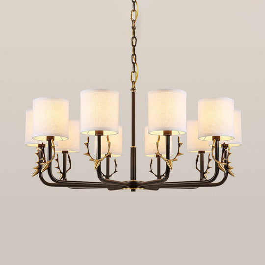 Vintage Deer Accent Cylindrical Fabric Chandelier Pendant Light for Living Room