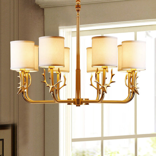 Vintage Deer Accent Cylindrical Fabric Chandelier Pendant Light for Living Room