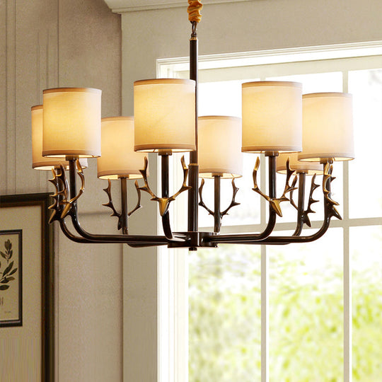 Vintage Deer Accent Cylindrical Fabric Chandelier Pendant Light for Living Room