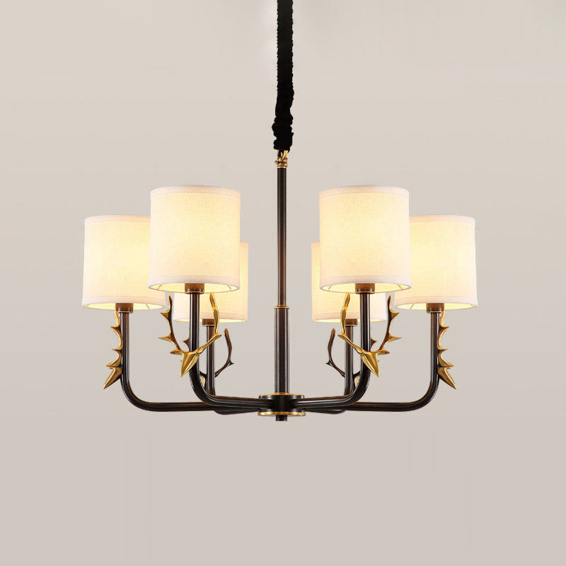 Vintage Deer Accent Cylindrical Fabric Chandelier Pendant Light for Living Room