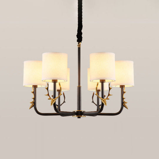 Vintage Deer Accent Cylindrical Fabric Chandelier Pendant Light for Living Room