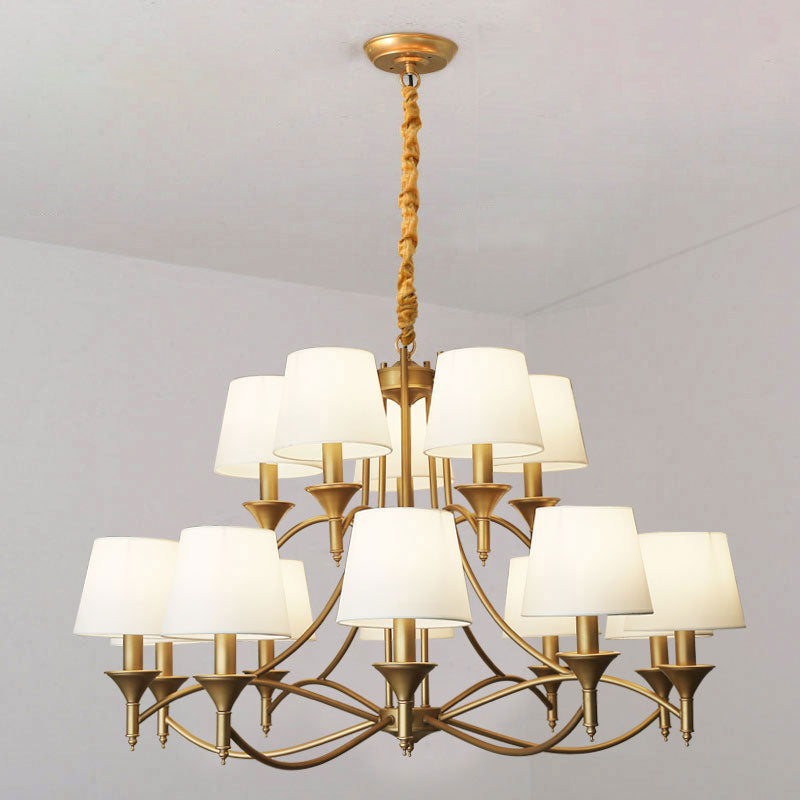 Minimalist Candlestick Chandelier: Metallic Pendant Light with Tapered Fabric Shade