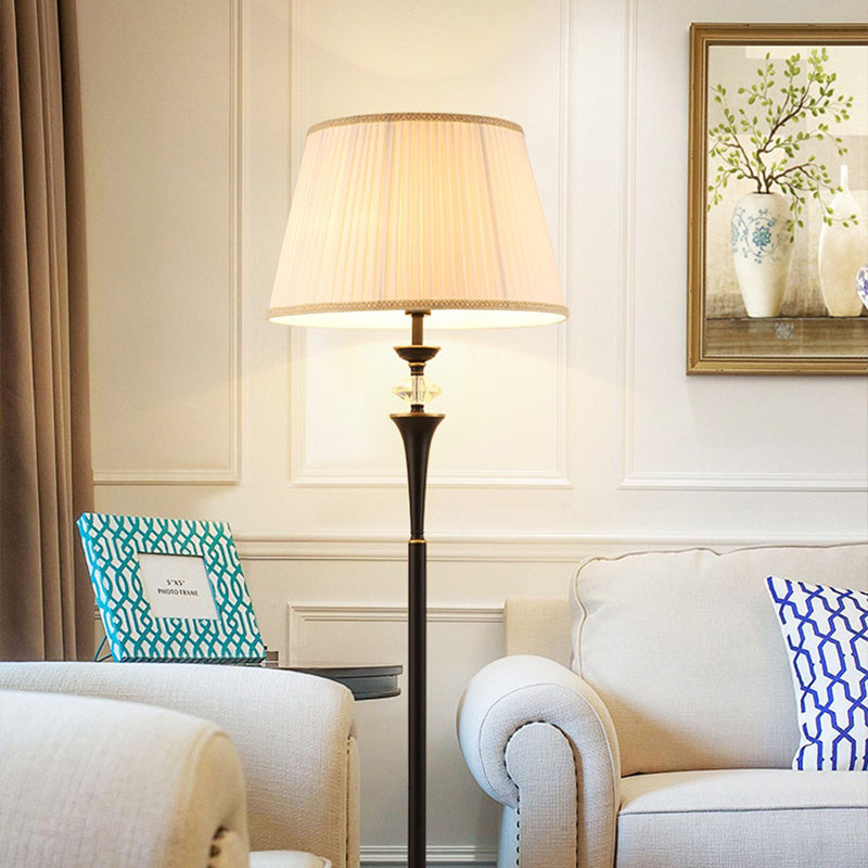 Traditional White Bucket Pleated Fabric Floor Lamp, Stand Up Lighting for Living Room