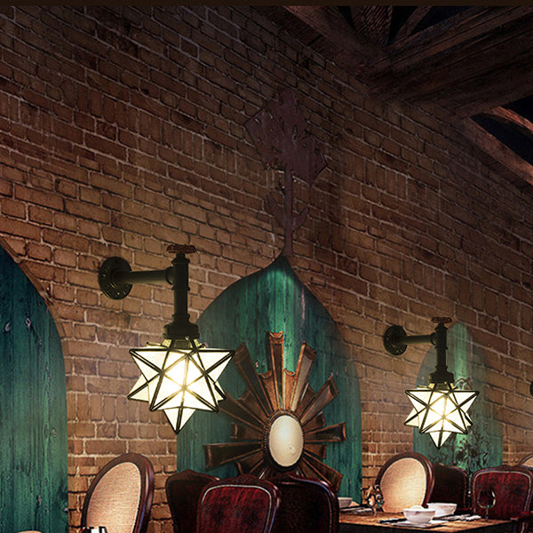 1-Head Stained Glass Tiffany Wall Mount Light in Brown/Clear - Rustic Star Wall Lighting for Restaurants