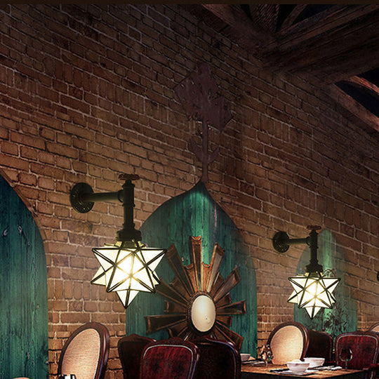 1-Head Stained Glass Tiffany Wall Mount Light in Brown/Clear - Rustic Star Wall Lighting for Restaurants
