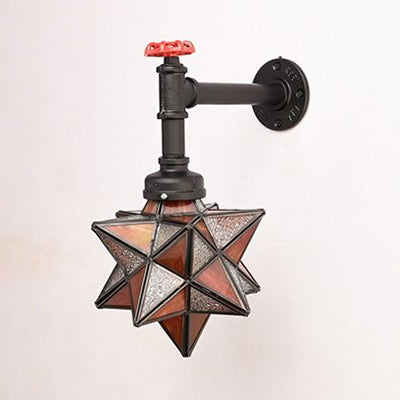 1-Head Stained Glass Tiffany Wall Mount Light in Brown/Clear - Rustic Star Wall Lighting for Restaurants
