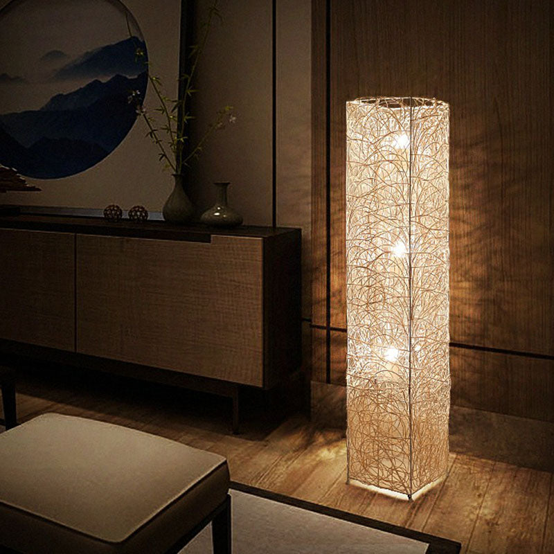Handcrafted Asian Style Rattan Tea Room Floor Lamp with 3 Shade Heads