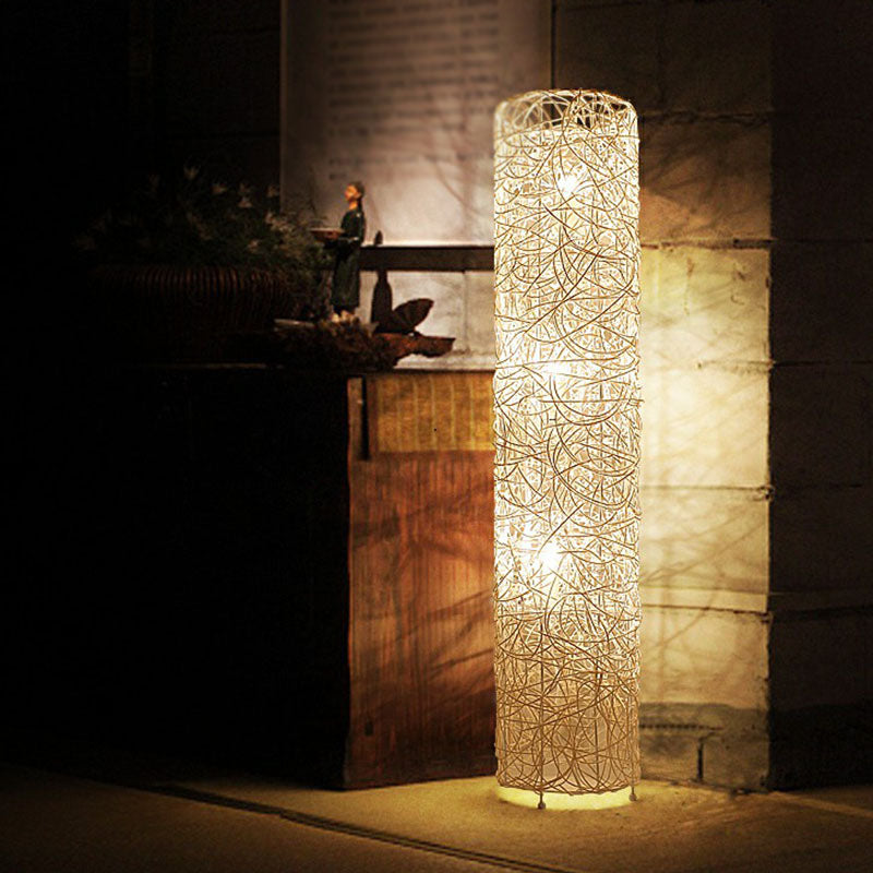 Handcrafted Asian Style Rattan Tea Room Floor Lamp with 3 Shade Heads