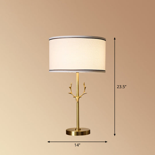Antler Decor Fabric Drum Table Lamp - Simplicity 1 Bulb, White Bedside Nightstand Light