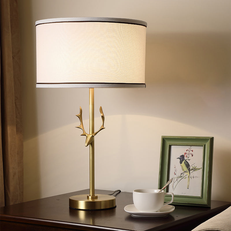 Antler Decor Fabric Drum Table Lamp - Simplicity 1 Bulb, White Bedside Nightstand Light