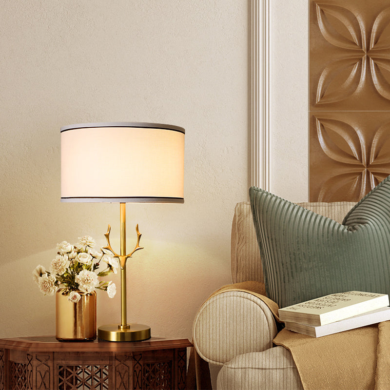 Antler Decor Fabric Drum Table Lamp - Simplicity 1 Bulb, White Bedside Nightstand Light