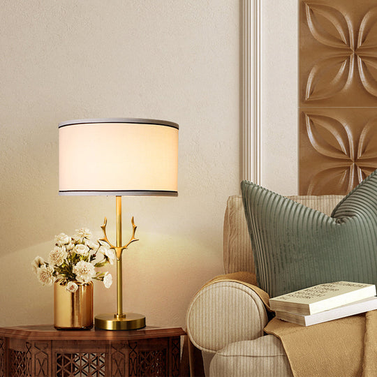 Antler Decor Fabric Drum Table Lamp - Simplicity 1 Bulb, White Bedside Nightstand Light