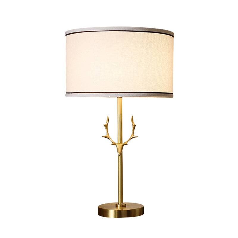 Antler Decor Fabric Drum Table Lamp - Simplicity 1 Bulb, White Bedside Nightstand Light