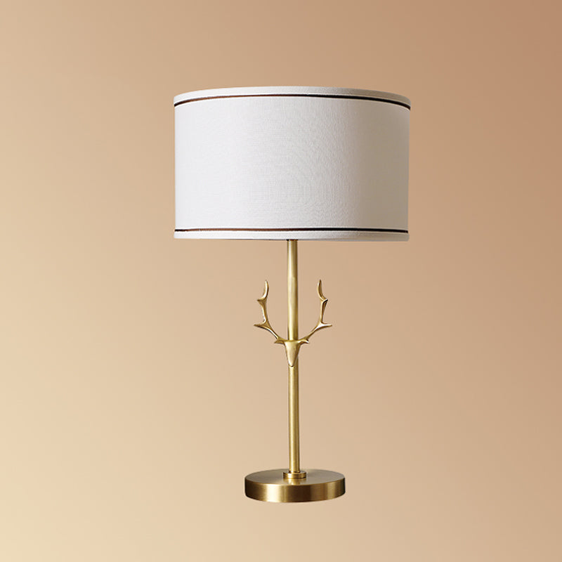 Antler Decor Fabric Drum Table Lamp - Simplicity 1 Bulb, White Bedside Nightstand Light